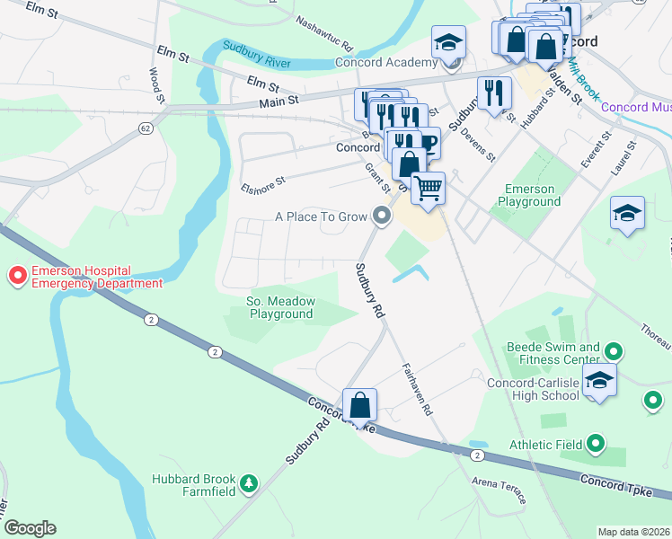 map of restaurants, bars, coffee shops, grocery stores, and more near 33 Riverdale Road in Concord
