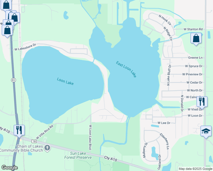 map of restaurants, bars, coffee shops, grocery stores, and more near 40579 North Lake Drive in Antioch