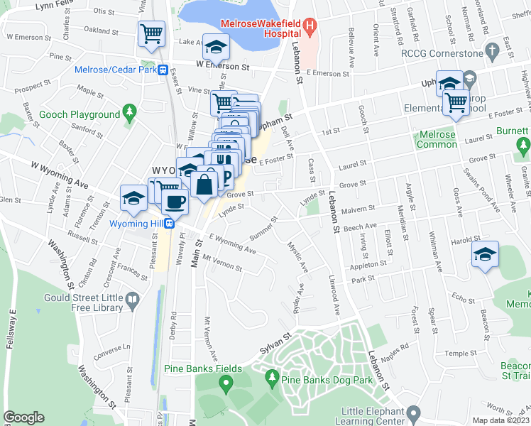 map of restaurants, bars, coffee shops, grocery stores, and more near 78 Lynde Street in Melrose
