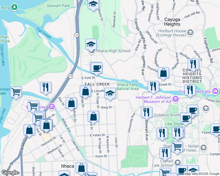 map of restaurants, bars, coffee shops, grocery stores, and more near 414 East Lincoln Street in Ithaca