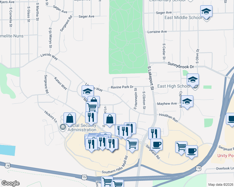 map of restaurants, bars, coffee shops, grocery stores, and more near 4502 Ravine Park Dr in Sioux City