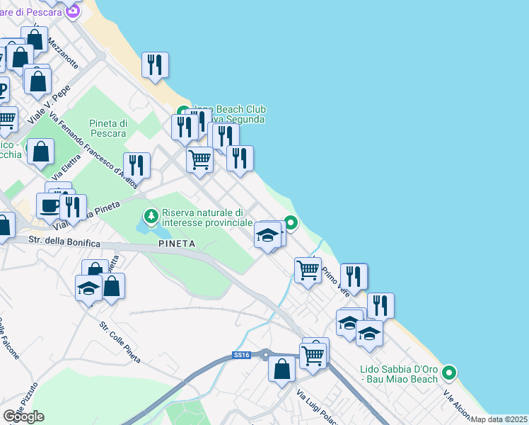 map of restaurants, bars, coffee shops, grocery stores, and more near 35 Viale Primo Vere in Pescara