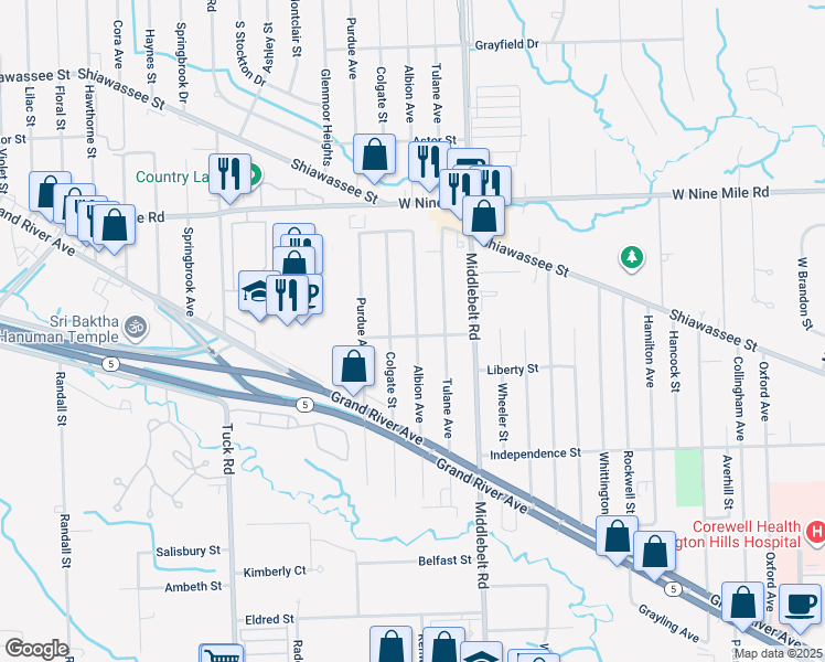map of restaurants, bars, coffee shops, grocery stores, and more near 21905 Tulane Avenue in Farmington Hills