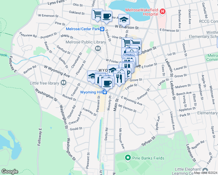map of restaurants, bars, coffee shops, grocery stores, and more near 10 Grove Street in Melrose