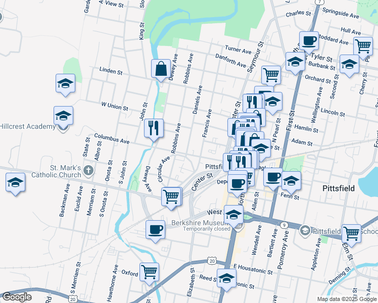 map of restaurants, bars, coffee shops, grocery stores, and more near 17 Daniels Avenue in Pittsfield
