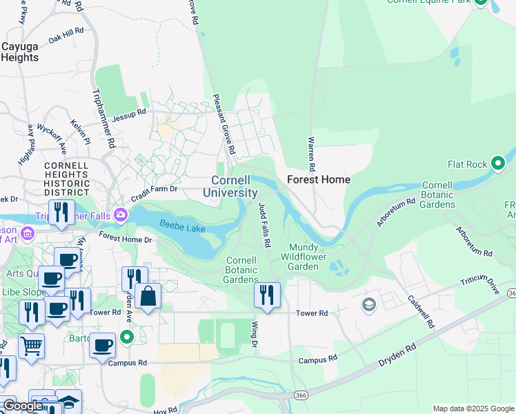 map of restaurants, bars, coffee shops, grocery stores, and more near 136 Forest Home Drive in Ithaca