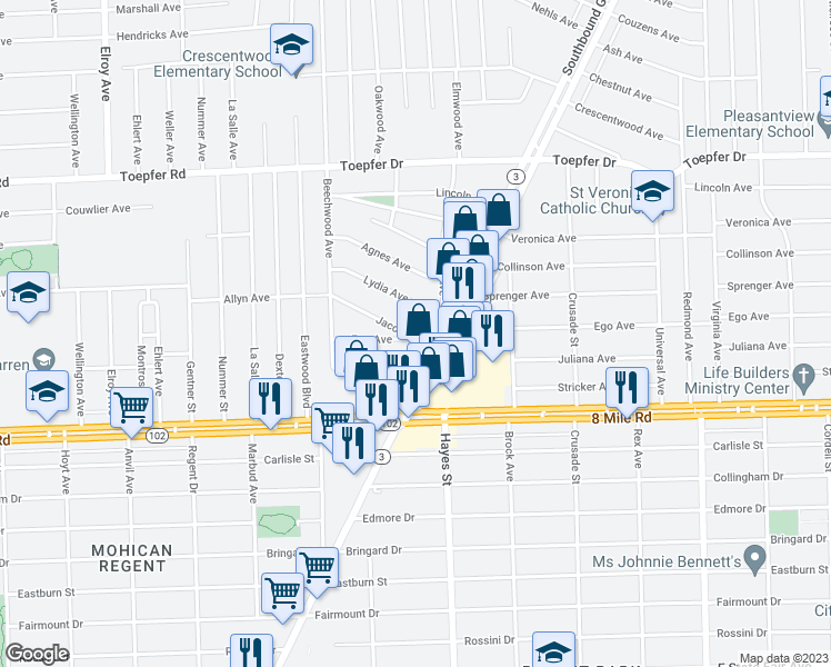 map of restaurants, bars, coffee shops, grocery stores, and more near 14791 Jacob Avenue in Eastpointe