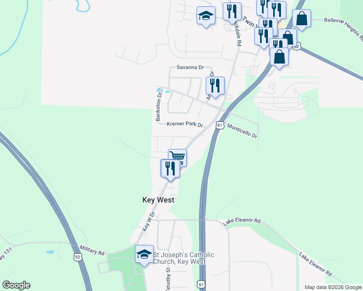 map of restaurants, bars, coffee shops, grocery stores, and more near 10787 Key W Dr in Dubuque