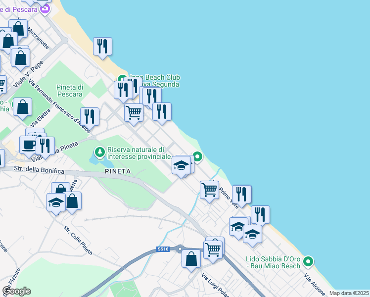 map of restaurants, bars, coffee shops, grocery stores, and more near 35 Viale Primo Vere in Pescara