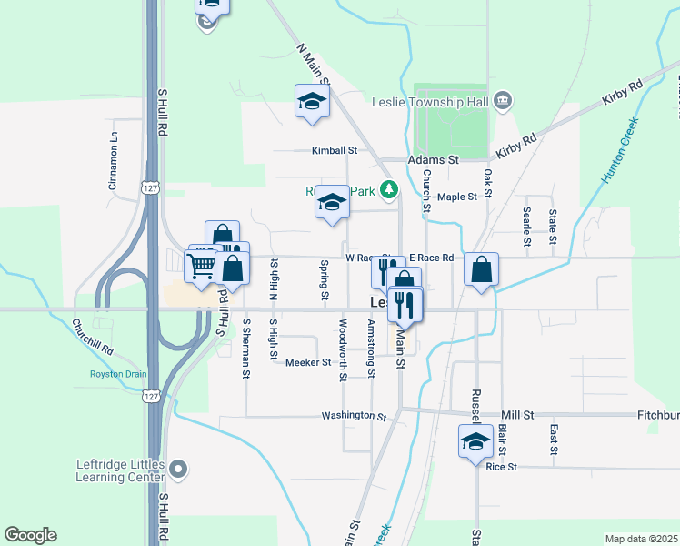 map of restaurants, bars, coffee shops, grocery stores, and more near 305 West Race Street in Leslie