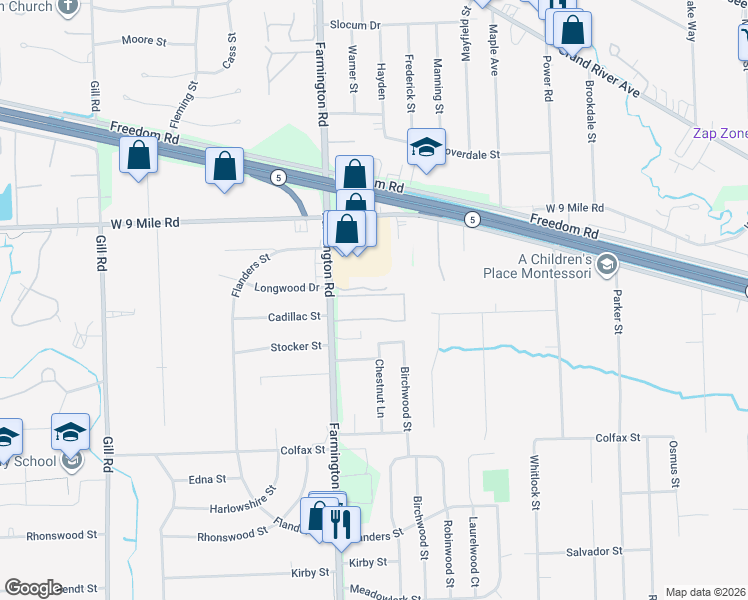 map of restaurants, bars, coffee shops, grocery stores, and more near 21900 Farmington Road in Farmington