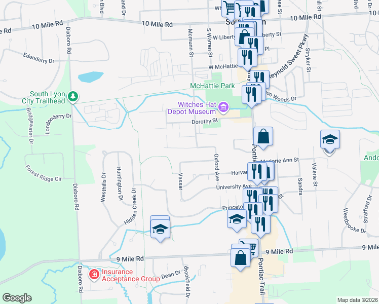 map of restaurants, bars, coffee shops, grocery stores, and more near 440 Cambridge Avenue in South Lyon