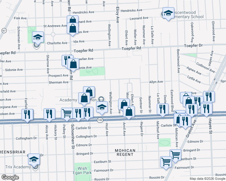 map of restaurants, bars, coffee shops, grocery stores, and more near 21048 Wellington Avenue in Warren