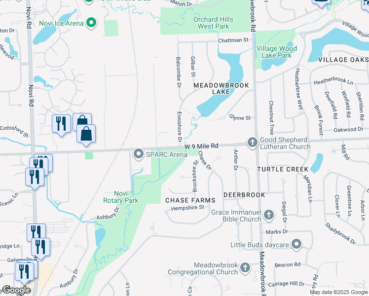 map of restaurants, bars, coffee shops, grocery stores, and more near 45175 West 10 Mile Road in Novi