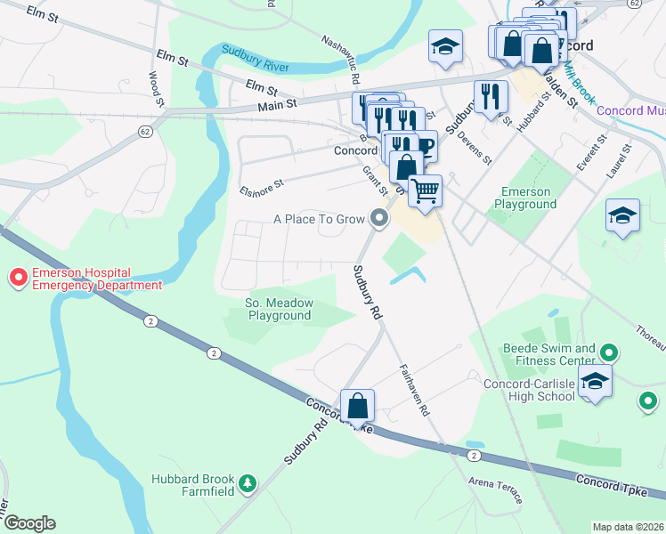 map of restaurants, bars, coffee shops, grocery stores, and more near 33 Riverdale Road in Concord