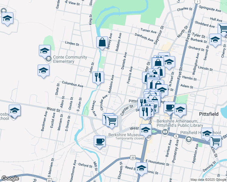 map of restaurants, bars, coffee shops, grocery stores, and more near 17 Daniels Avenue in Pittsfield