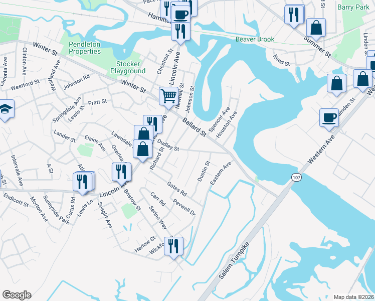map of restaurants, bars, coffee shops, grocery stores, and more near 18 Greenwood Avenue in Saugus