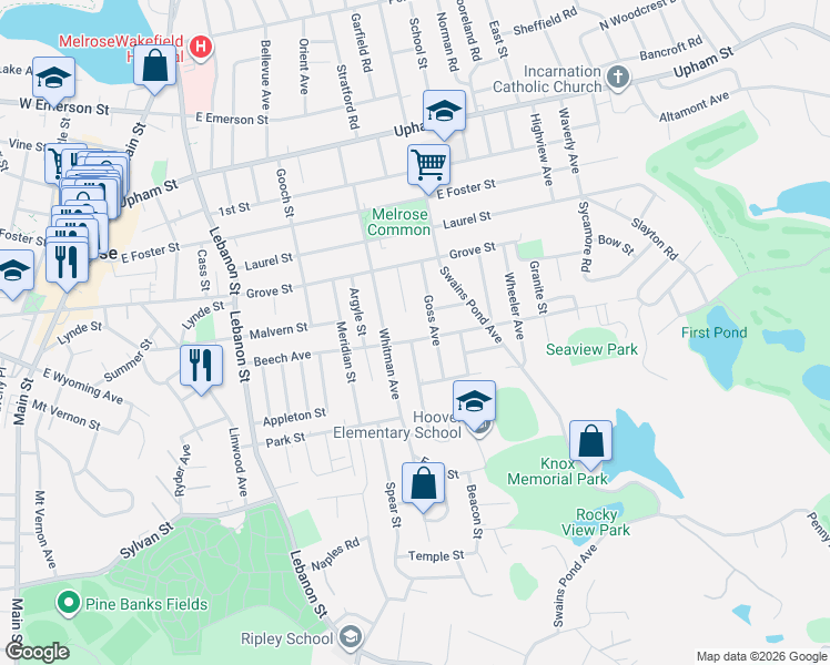 map of restaurants, bars, coffee shops, grocery stores, and more near 34 Goss Avenue in Melrose