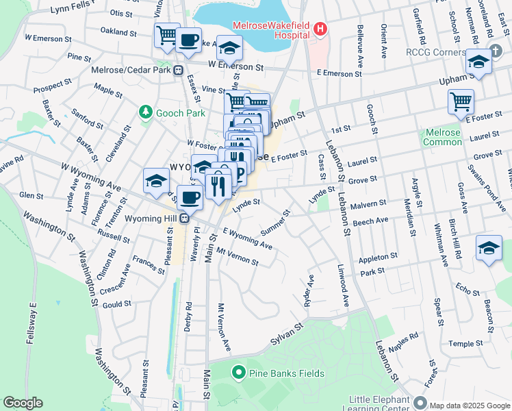 map of restaurants, bars, coffee shops, grocery stores, and more near 71-73 Grove Street in Melrose