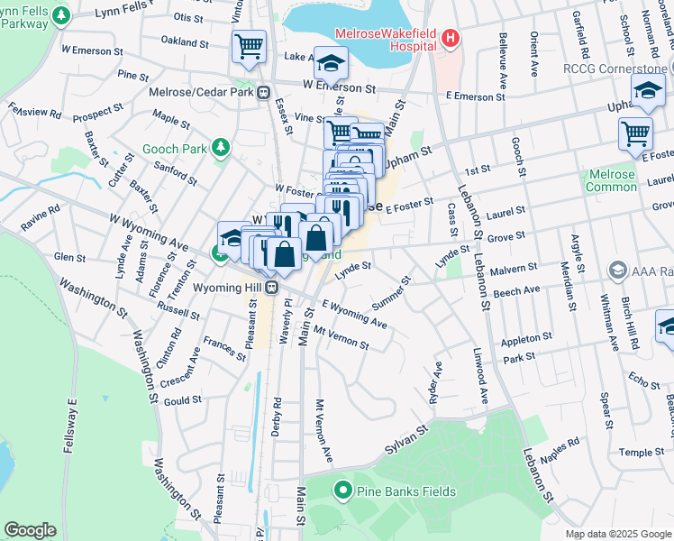 map of restaurants, bars, coffee shops, grocery stores, and more near 386 Main Street in Melrose