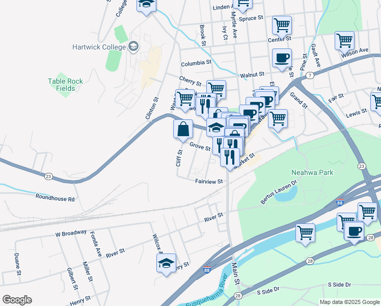 map of restaurants, bars, coffee shops, grocery stores, and more near 37 Grove Street in Oneonta