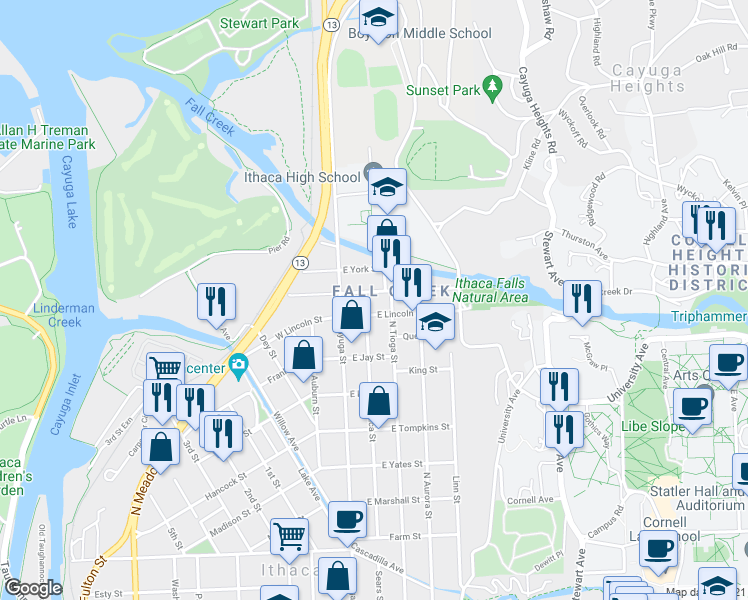 map of restaurants, bars, coffee shops, grocery stores, and more near 118 East Falls Street in Ithaca
