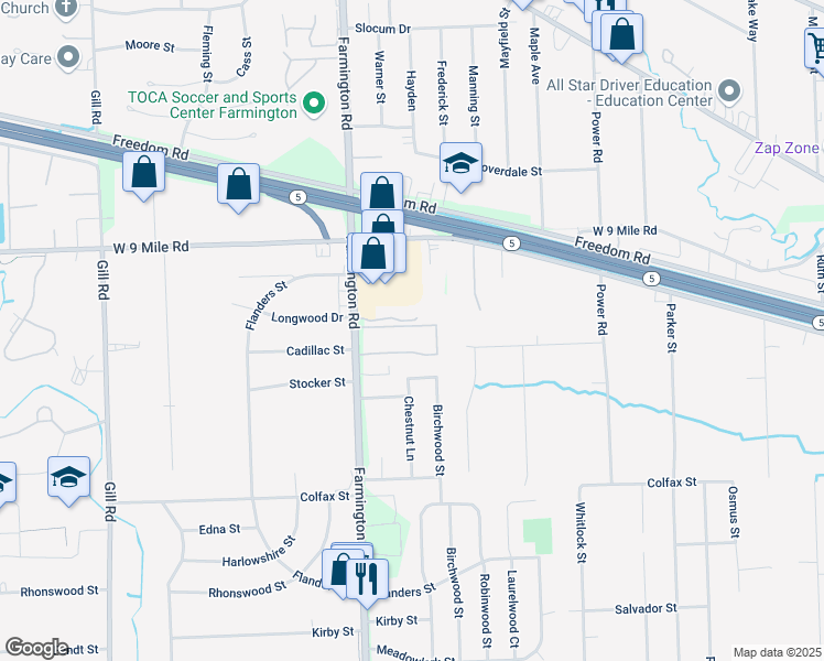 map of restaurants, bars, coffee shops, grocery stores, and more near 33101 North Manor Drive in Farmington