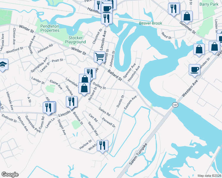 map of restaurants, bars, coffee shops, grocery stores, and more near 18 Greenwood Avenue in Saugus