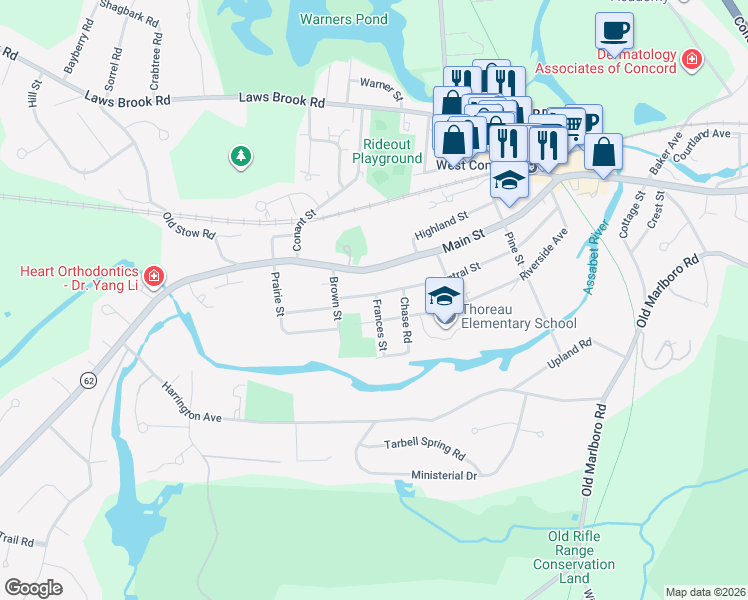 map of restaurants, bars, coffee shops, grocery stores, and more near 245 Central Street in Concord