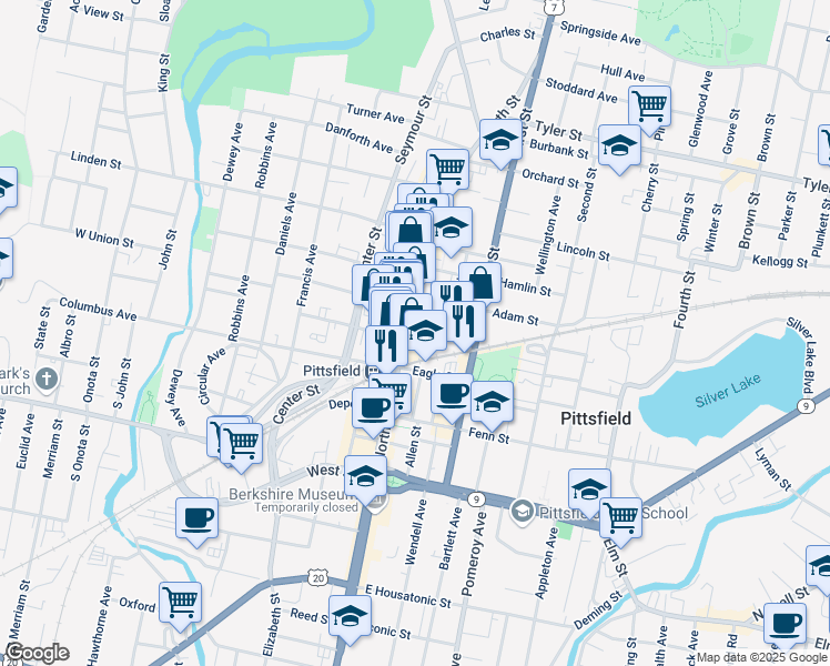 map of restaurants, bars, coffee shops, grocery stores, and more near 292 North Street in Pittsfield