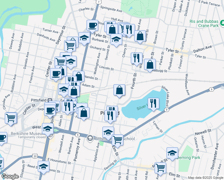 map of restaurants, bars, coffee shops, grocery stores, and more near 110 Third Street in Pittsfield