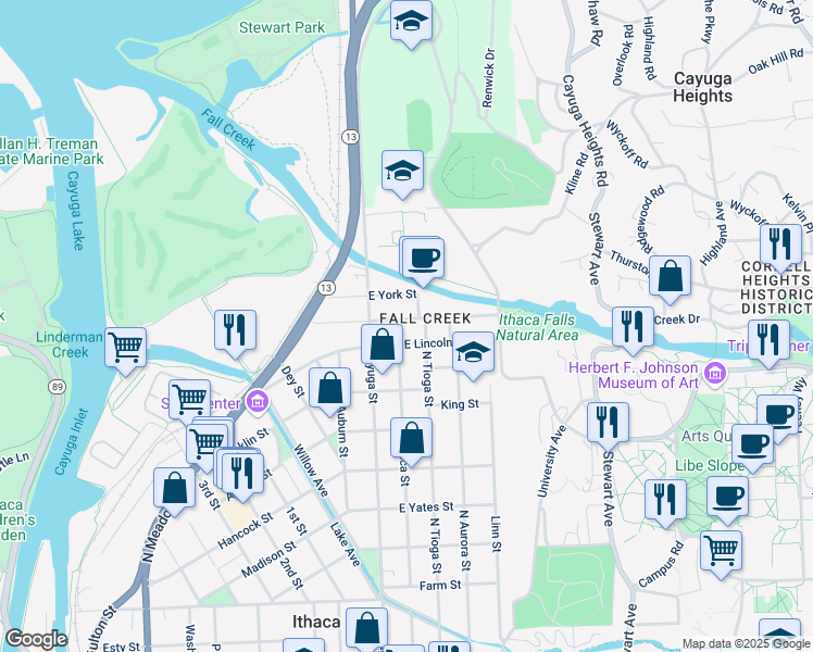 map of restaurants, bars, coffee shops, grocery stores, and more near 121 East Falls Street in Ithaca