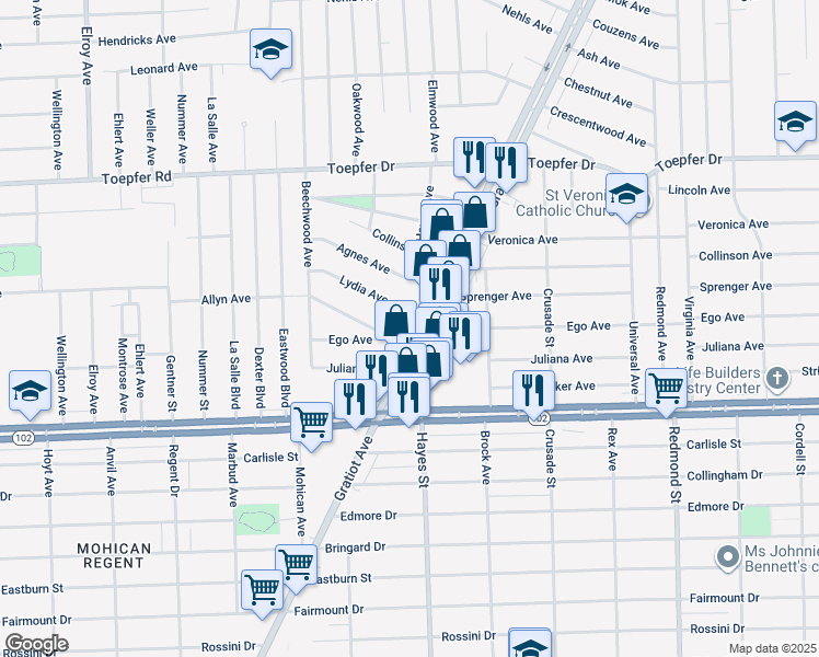 map of restaurants, bars, coffee shops, grocery stores, and more near 21055 Gratiot Avenue in Eastpointe