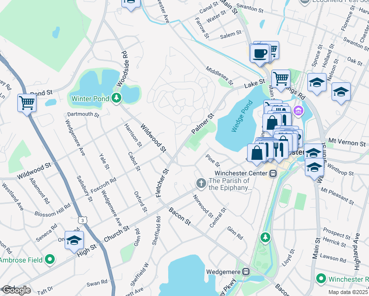 map of restaurants, bars, coffee shops, grocery stores, and more near 1 Lantern Lane in Winchester