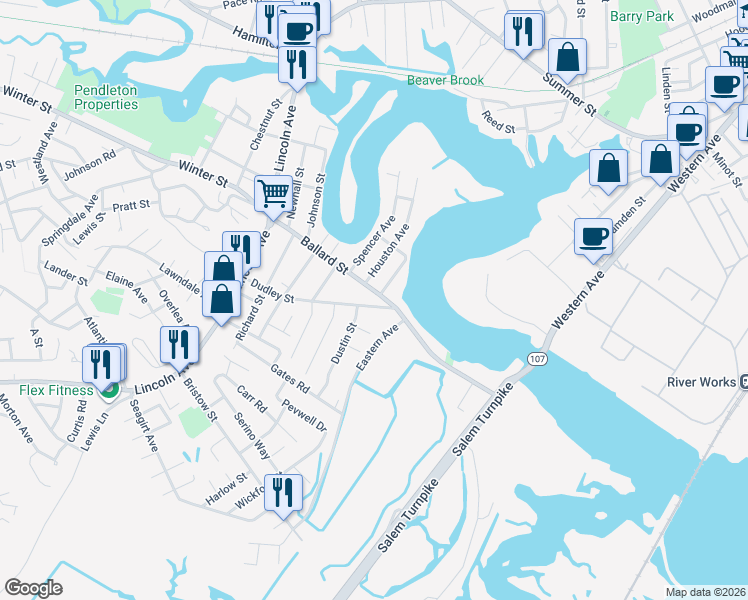 map of restaurants, bars, coffee shops, grocery stores, and more near 58 Ballard Street in Saugus