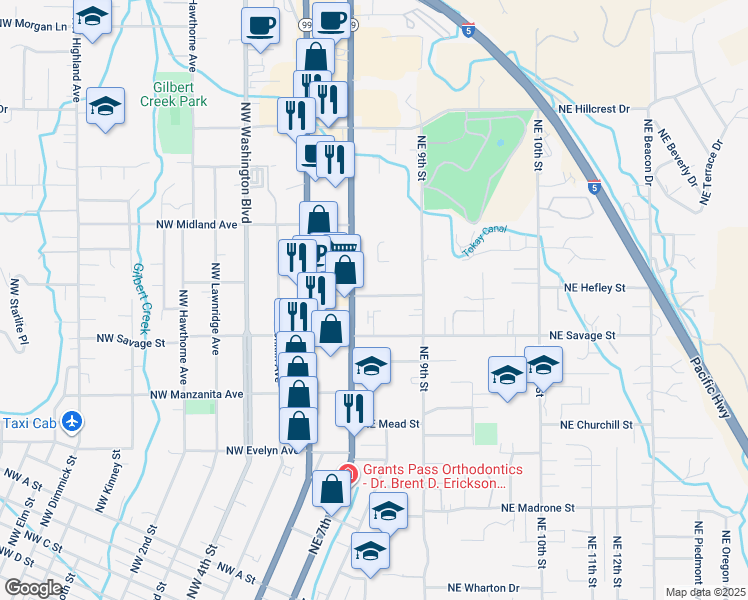 map of restaurants, bars, coffee shops, grocery stores, and more near 224 Northeast Steiger Street in Grants Pass