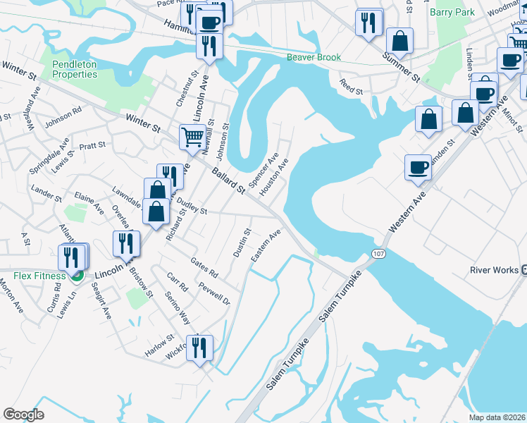 map of restaurants, bars, coffee shops, grocery stores, and more near 58 Ballard Street in Saugus