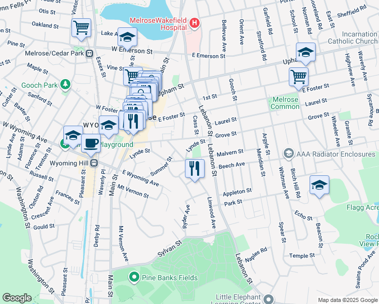 map of restaurants, bars, coffee shops, grocery stores, and more near 154 Lynde Street in Melrose