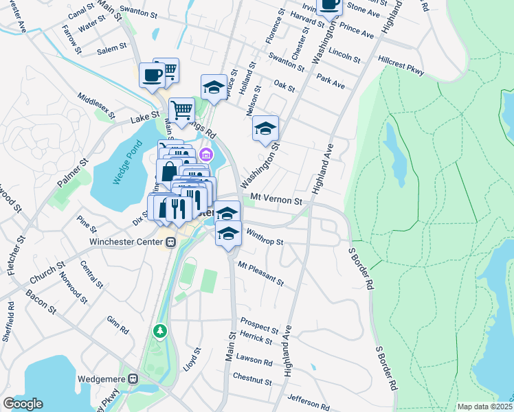 map of restaurants, bars, coffee shops, grocery stores, and more near 103 Mount Vernon Street in Winchester