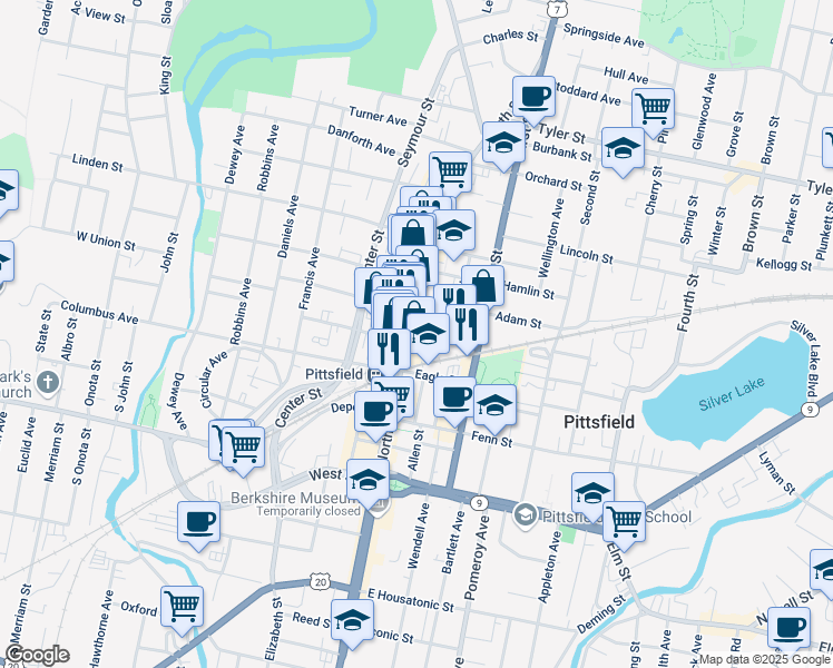 map of restaurants, bars, coffee shops, grocery stores, and more near 312 North Street in Pittsfield