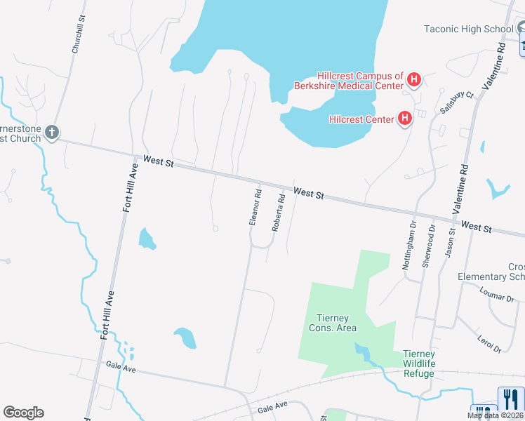 map of restaurants, bars, coffee shops, grocery stores, and more near 21 Eleanor Road in Pittsfield