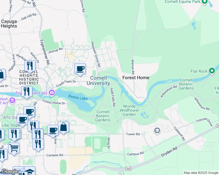map of restaurants, bars, coffee shops, grocery stores, and more near 136 Forest Home Drive in Ithaca