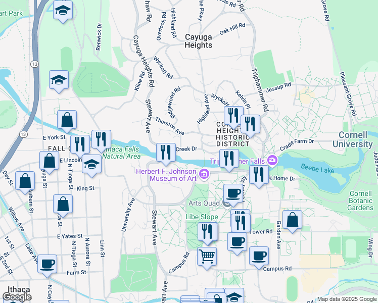 map of restaurants, bars, coffee shops, grocery stores, and more near 109 Barton Pl in Ithaca