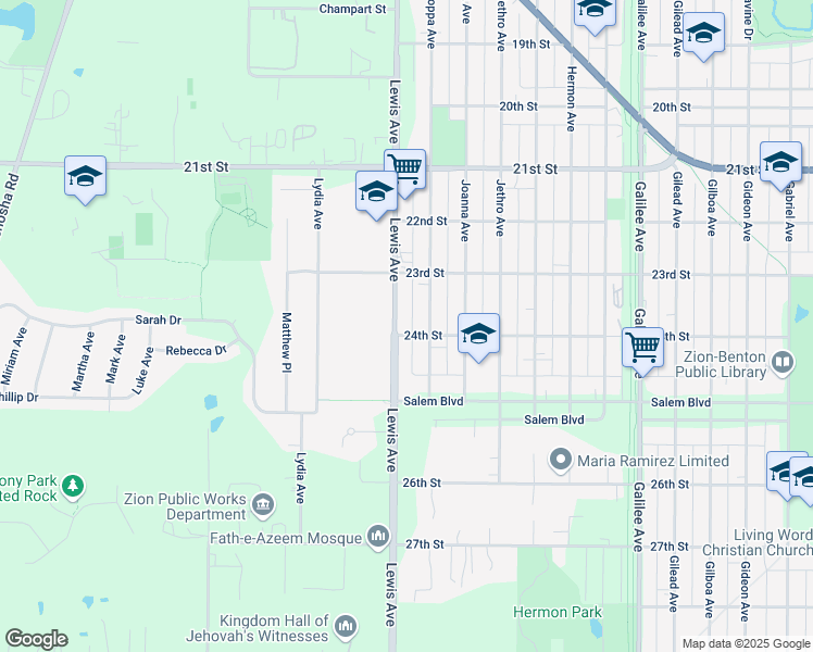 map of restaurants, bars, coffee shops, grocery stores, and more near 2314 Joppa Avenue in Zion