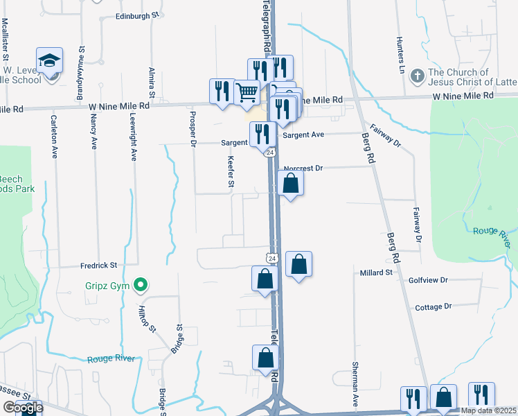 map of restaurants, bars, coffee shops, grocery stores, and more near 21557 Telegraph Road in Southfield