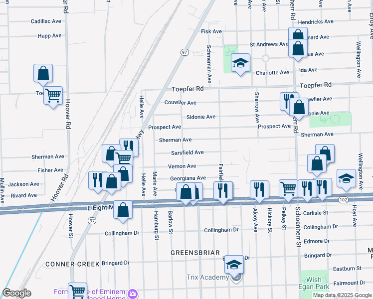 map of restaurants, bars, coffee shops, grocery stores, and more near 12740 Sherman Avenue in Warren