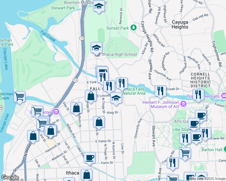 map of restaurants, bars, coffee shops, grocery stores, and more near 305 East Falls Street in Ithaca