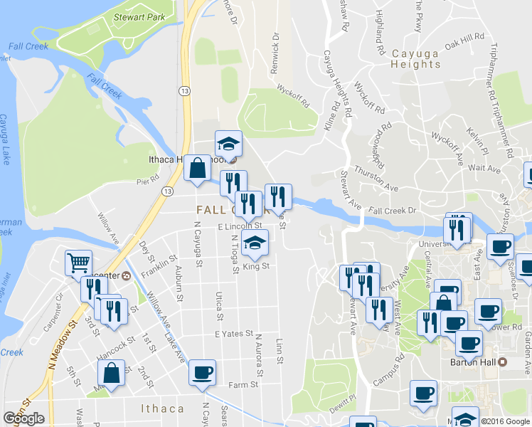 map of restaurants, bars, coffee shops, grocery stores, and more near 315 East Falls Street in Ithaca