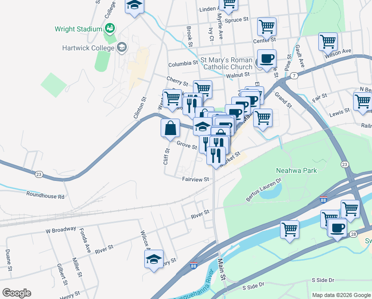 map of restaurants, bars, coffee shops, grocery stores, and more near 27 Watkins Avenue in Oneonta