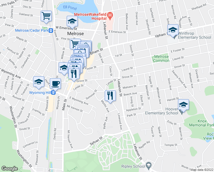 map of restaurants, bars, coffee shops, grocery stores, and more near 135 Lynde Street in Melrose